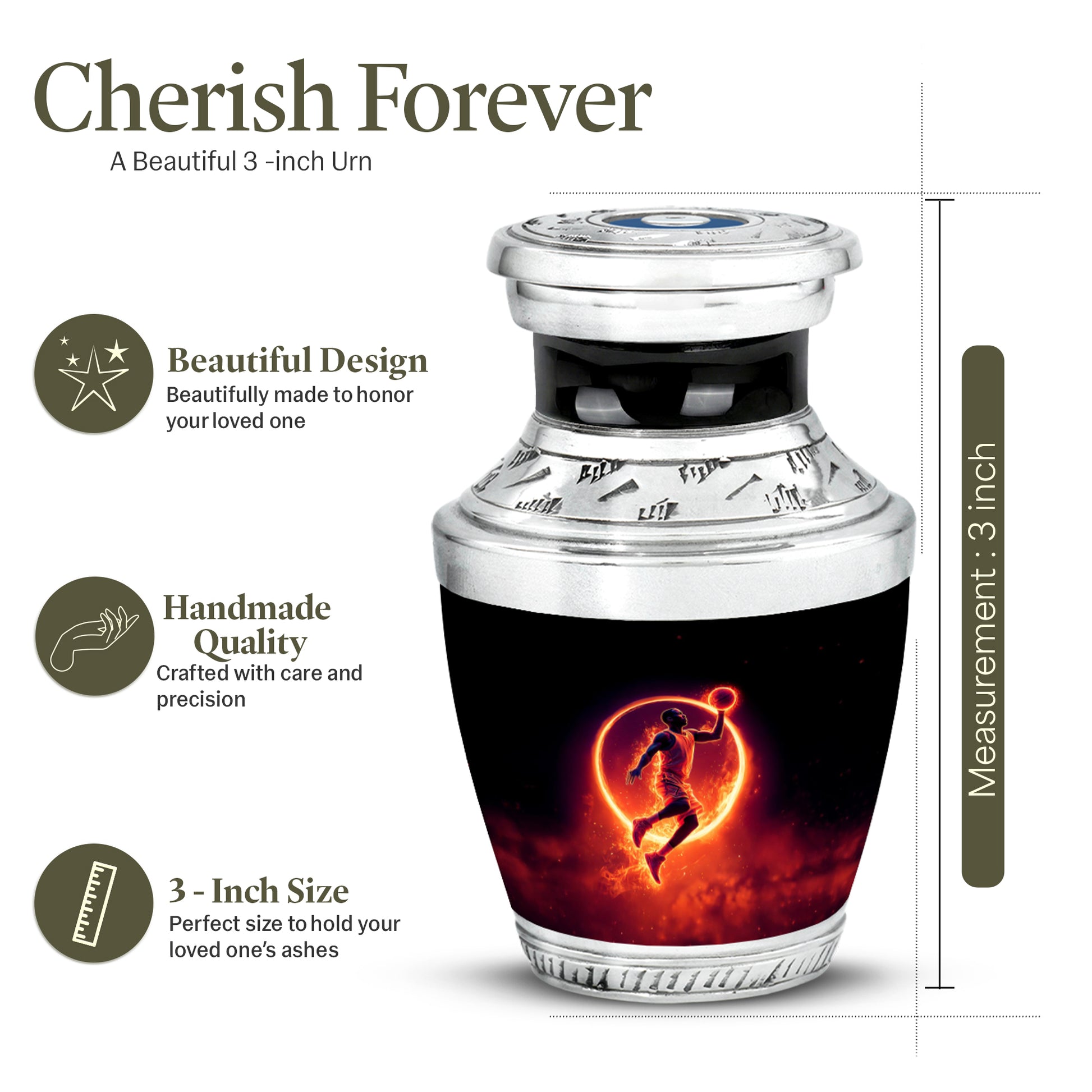Obsidian Black Basketball Cremation Urn top-down view of secure threaded lid - artistic basketball interpretation with creative detail - mini keepsake memorial for portion of cremation ashes