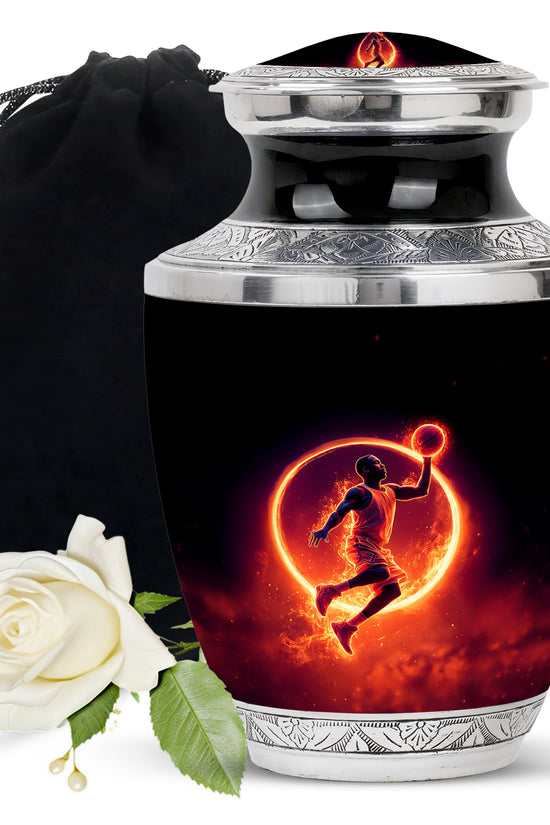 Dark Black Basketball Cremation Urn side profile showing urn shape - stylized abstract basketball pattern with bold lines - full-size 10 inch 200 cubic inch adult cremation urn