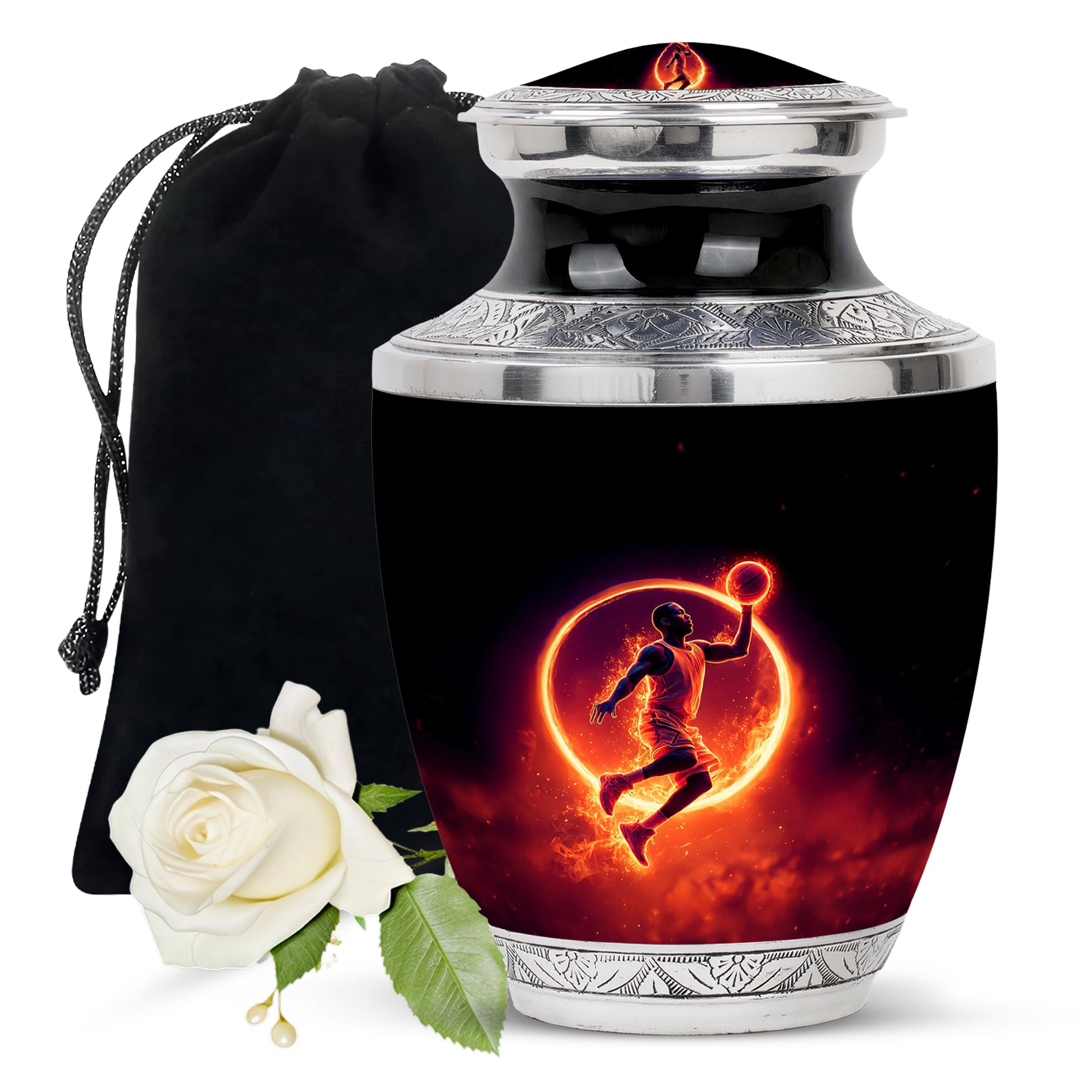 Dark Black Basketball Cremation Urn side profile showing urn shape - stylized abstract basketball pattern with bold lines - full-size 10 inch 200 cubic inch adult cremation urn