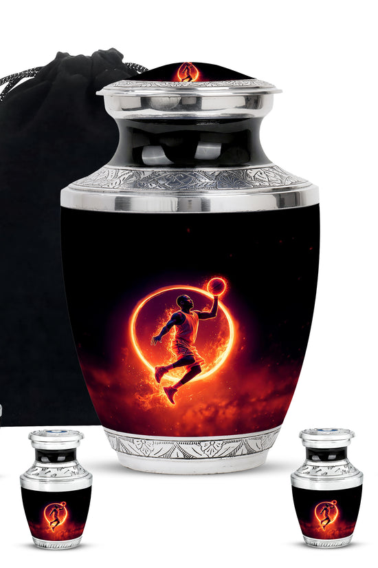 Midnight Black Basketball Cremation Urn lifestyle display on memorial shelf - stylized abstract basketball pattern with bold lines - memorial set with one large and four small urns