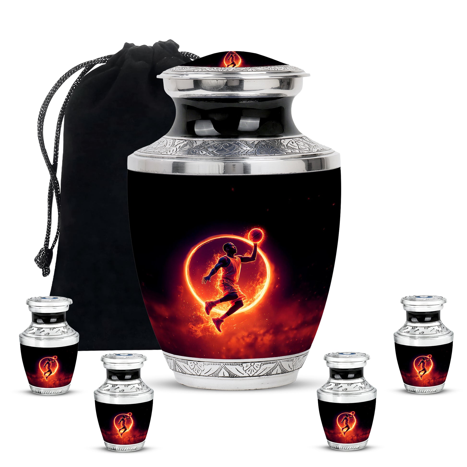 Midnight Black Basketball Cremation Urn lifestyle display on memorial shelf - stylized abstract basketball pattern with bold lines - memorial set with one large and four small urns