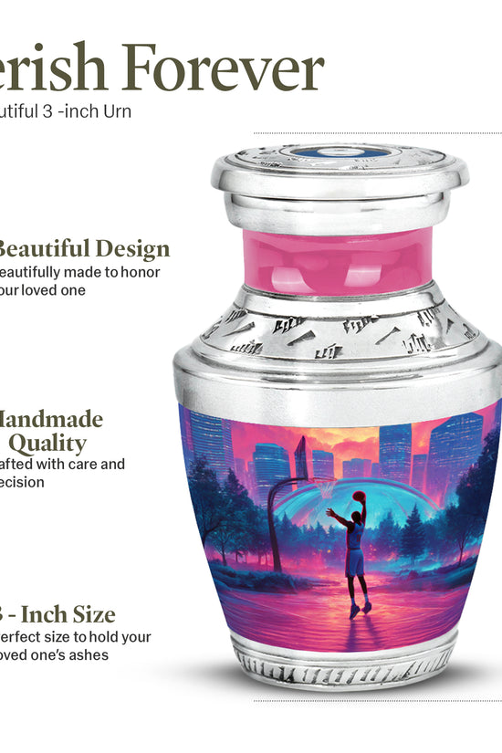 Ruby Red Basketball Cremation Urn top-down view of secure threaded lid - stylized abstract basketball pattern with bold lines - mini keepsake memorial for portion of cremation ashes