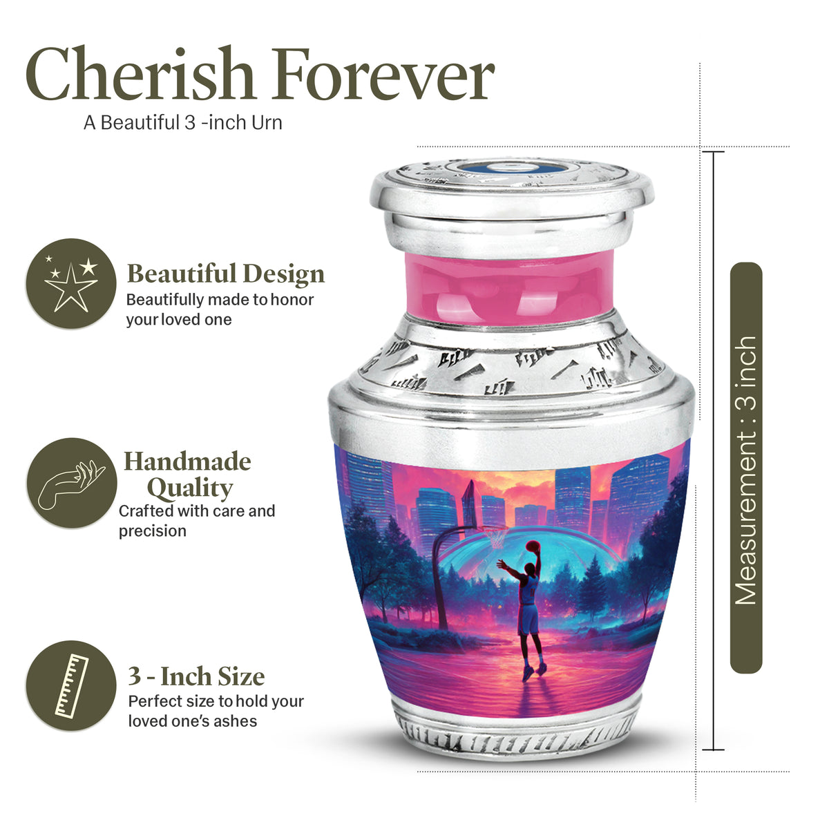 Ruby Red Basketball Cremation Urn top-down view of secure threaded lid - stylized abstract basketball pattern with bold lines - mini keepsake memorial for portion of cremation ashes
