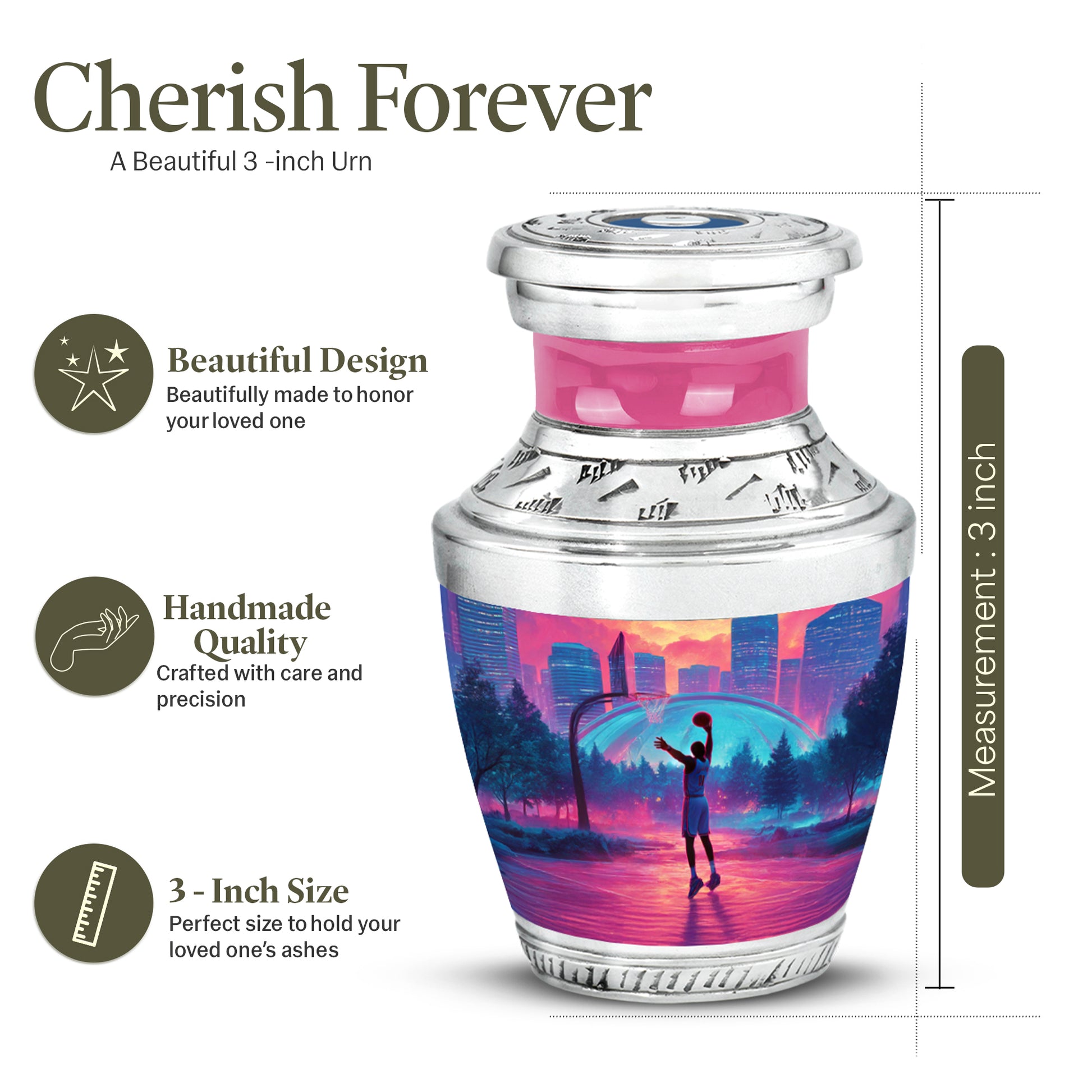 Ruby Red Basketball Cremation Urn top-down view of secure threaded lid - stylized abstract basketball pattern with bold lines - mini keepsake memorial for portion of cremation ashes
