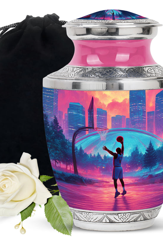 Burgundy Red Basketball Cremation Urn side profile showing urn shape - contemporary basketball design with modern artistic flair - full-size 10 inch 200 cubic inch adult cremation urn