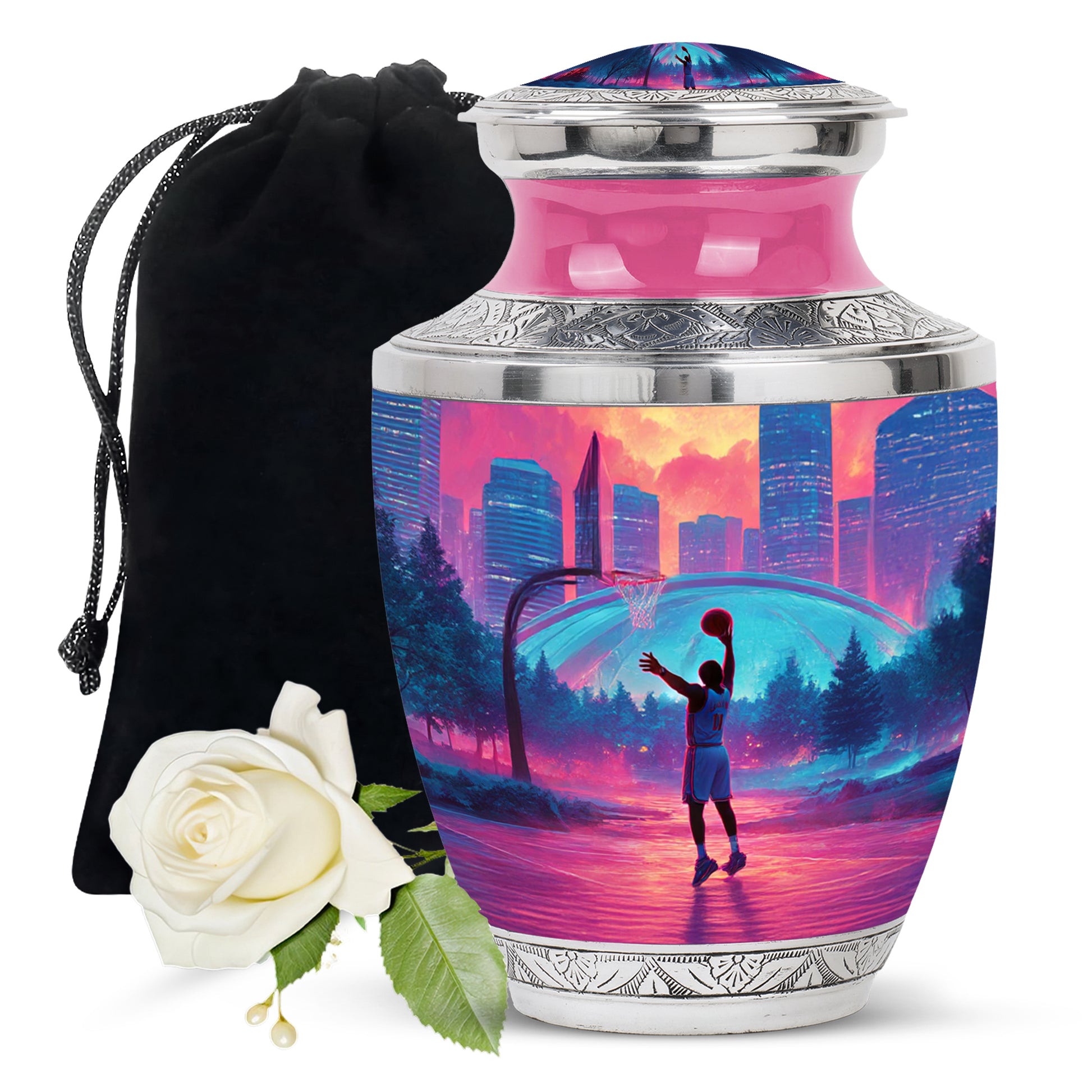Burgundy Red Basketball Cremation Urn side profile showing urn shape - contemporary basketball design with modern artistic flair - full-size 10 inch 200 cubic inch adult cremation urn