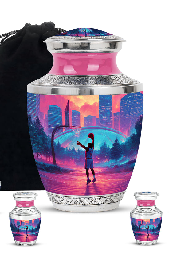 Rich Red Basketball Cremation Urn lifestyle display on memorial shelf - stylized abstract basketball pattern with bold lines - memorial set with one large and four small urns