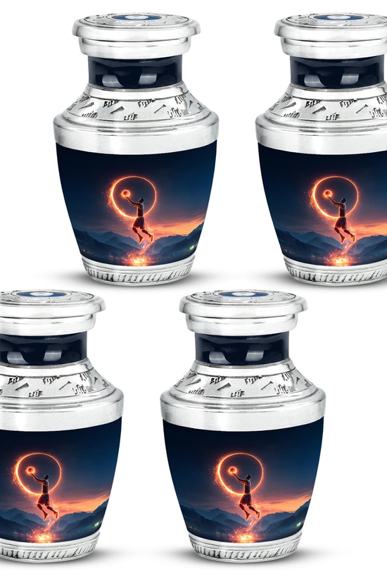 Slate Blue Basketball Cremation Urn back view with polished surface - modern art-inspired basketball motif on sleek aluminum - 10 inch aluminum urn for cremated remains