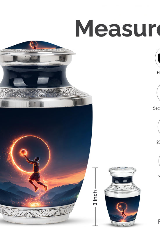 Royal Blue Basketball Cremation Urn top-down view of secure threaded lid - stylized abstract basketball pattern with bold lines - mini keepsake memorial for portion of cremation ashes