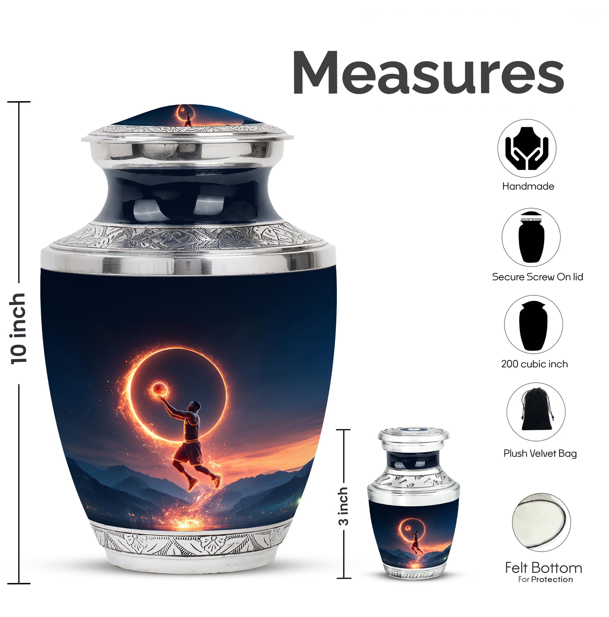 Royal Blue Basketball Cremation Urn top-down view of secure threaded lid - stylized abstract basketball pattern with bold lines - mini keepsake memorial for portion of cremation ashes