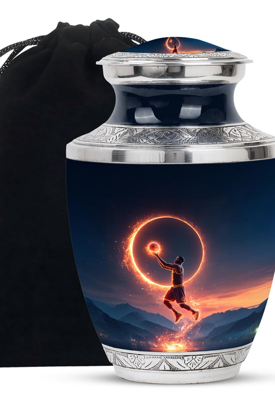 Slate Blue Basketball Cremation Urn side profile showing urn shape - modern art-inspired basketball motif on sleek aluminum - full-size 10 inch 200 cubic inch adult cremation urn