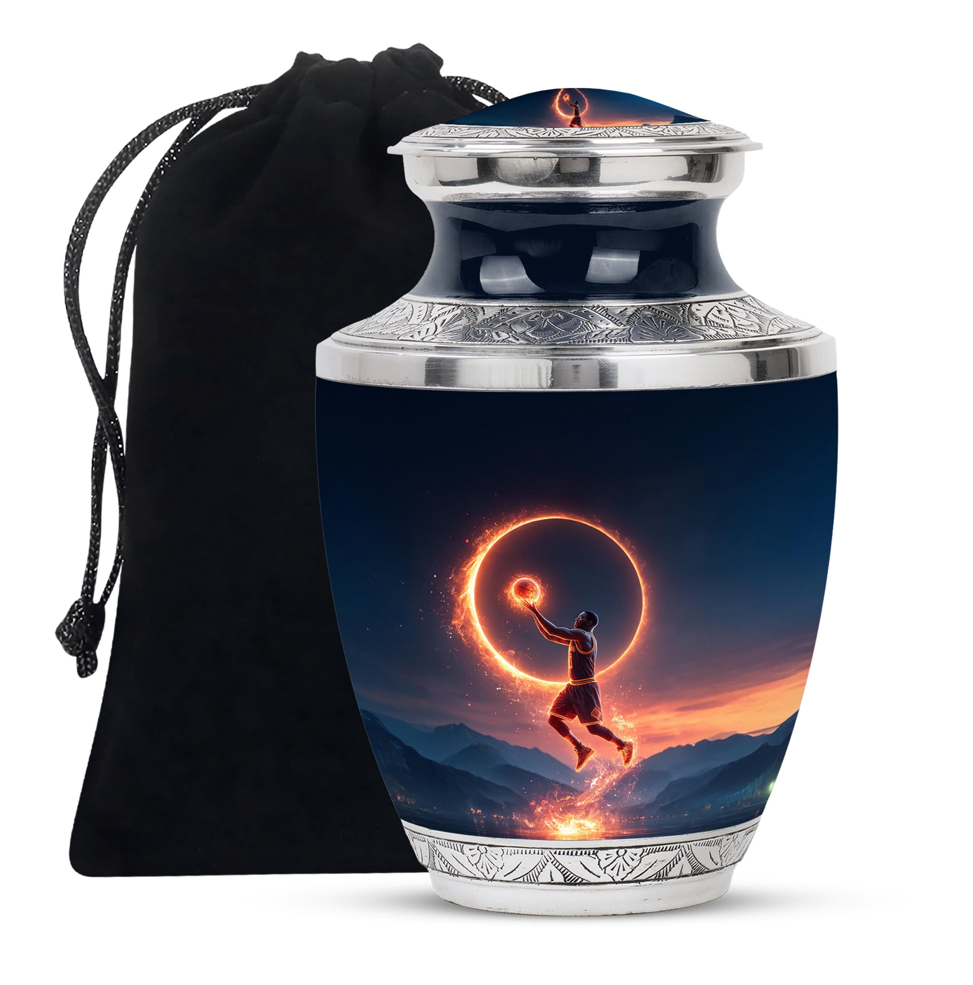 Slate Blue Basketball Cremation Urn side profile showing urn shape - modern art-inspired basketball motif on sleek aluminum - full-size 10 inch 200 cubic inch adult cremation urn