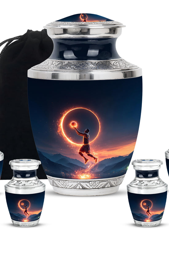 Calming Blue Basketball Cremation Urn lifestyle display on memorial shelf - artistic basketball interpretation with creative detail - memorial set with one large and four small urns