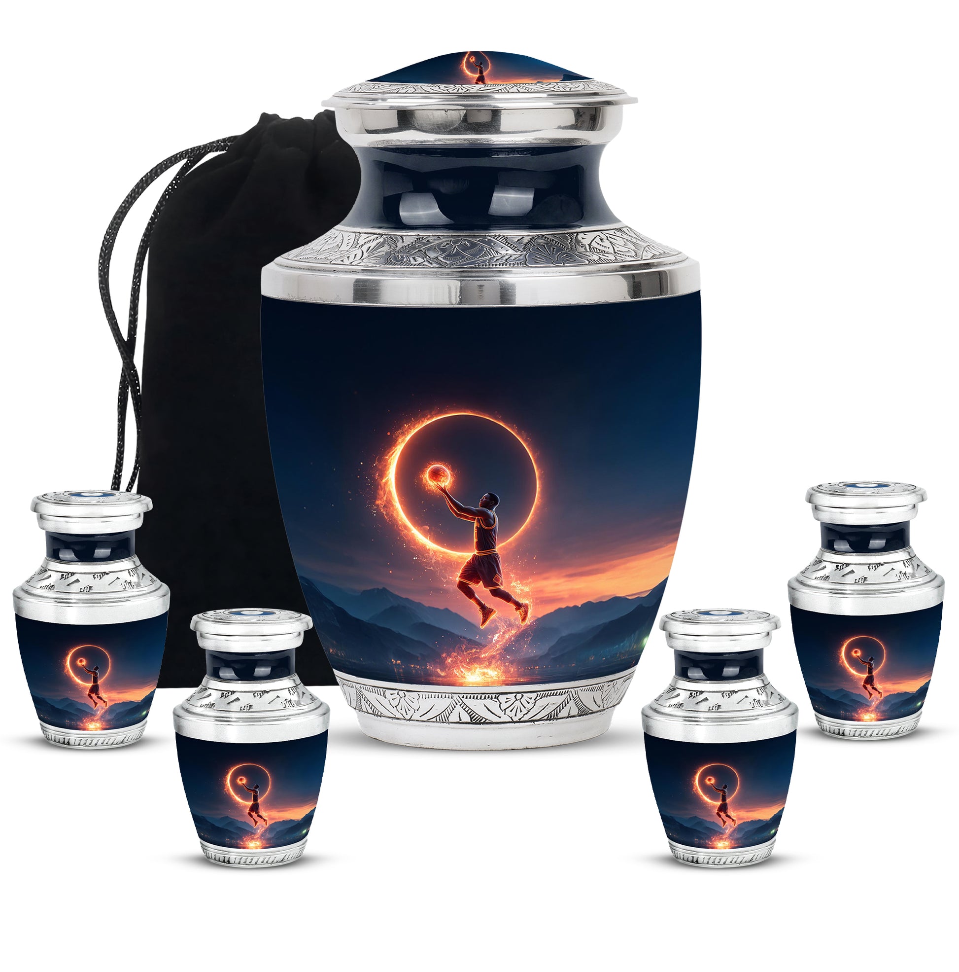 Calming Blue Basketball Cremation Urn lifestyle display on memorial shelf - artistic basketball interpretation with creative detail - memorial set with one large and four small urns