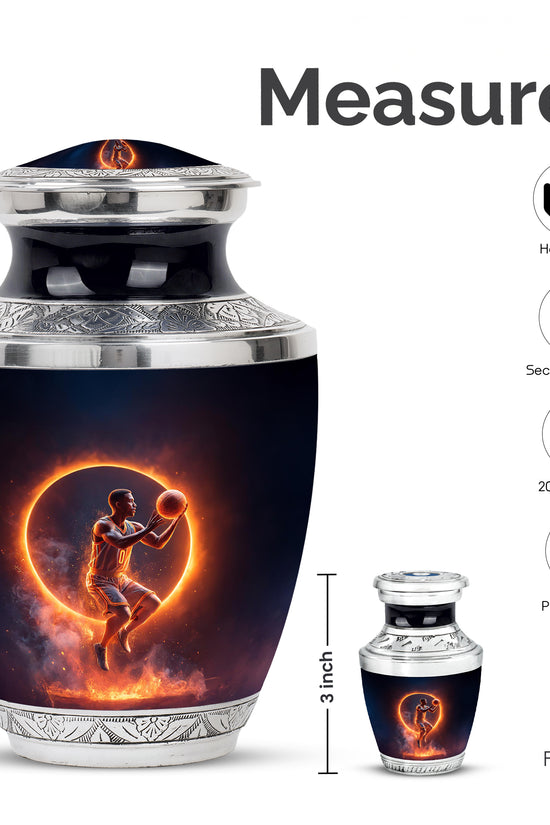 Glossy Black Basketball Cremation Urn top-down view of secure threaded lid - modern art-inspired basketball motif on sleek aluminum - mini keepsake memorial for portion of cremation ashes