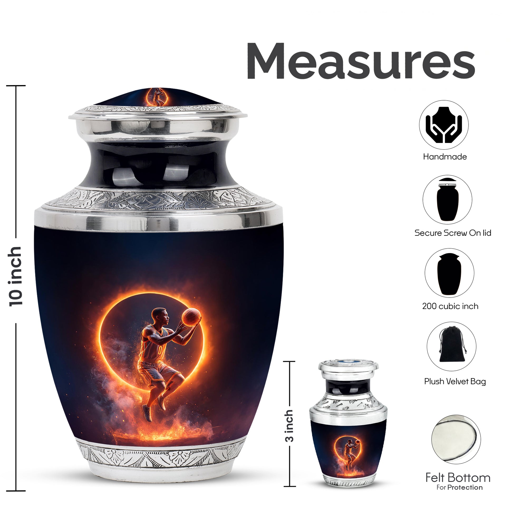 Glossy Black Basketball Cremation Urn top-down view of secure threaded lid - modern art-inspired basketball motif on sleek aluminum - mini keepsake memorial for portion of cremation ashes