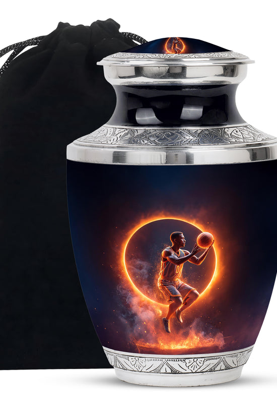 Ebony Basketball Cremation Urn side profile showing urn shape - modern art-inspired basketball motif on sleek aluminum - full-size 10 inch 200 cubic inch adult cremation urn