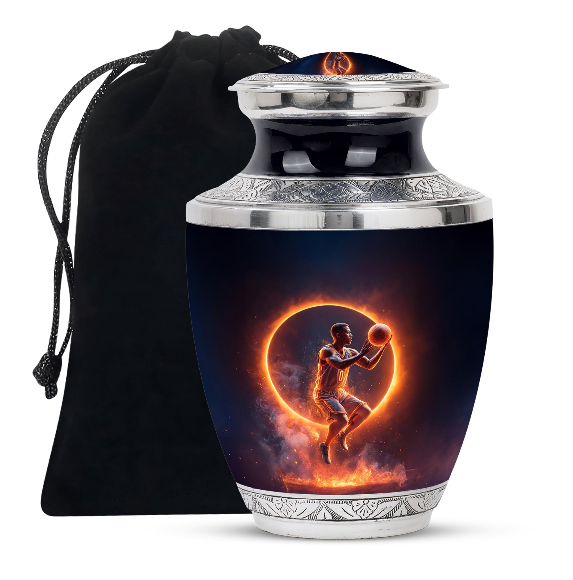 Ebony Basketball Cremation Urn side profile showing urn shape - modern art-inspired basketball motif on sleek aluminum - full-size 10 inch 200 cubic inch adult cremation urn