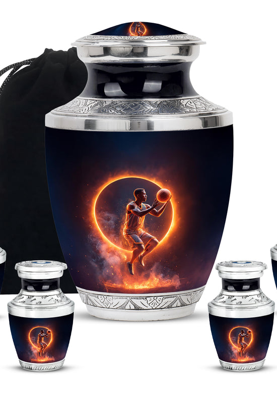 Jet Black Basketball Cremation Urn lifestyle display on memorial shelf - modern art-inspired basketball motif on sleek aluminum - memorial set with one large and four small urns