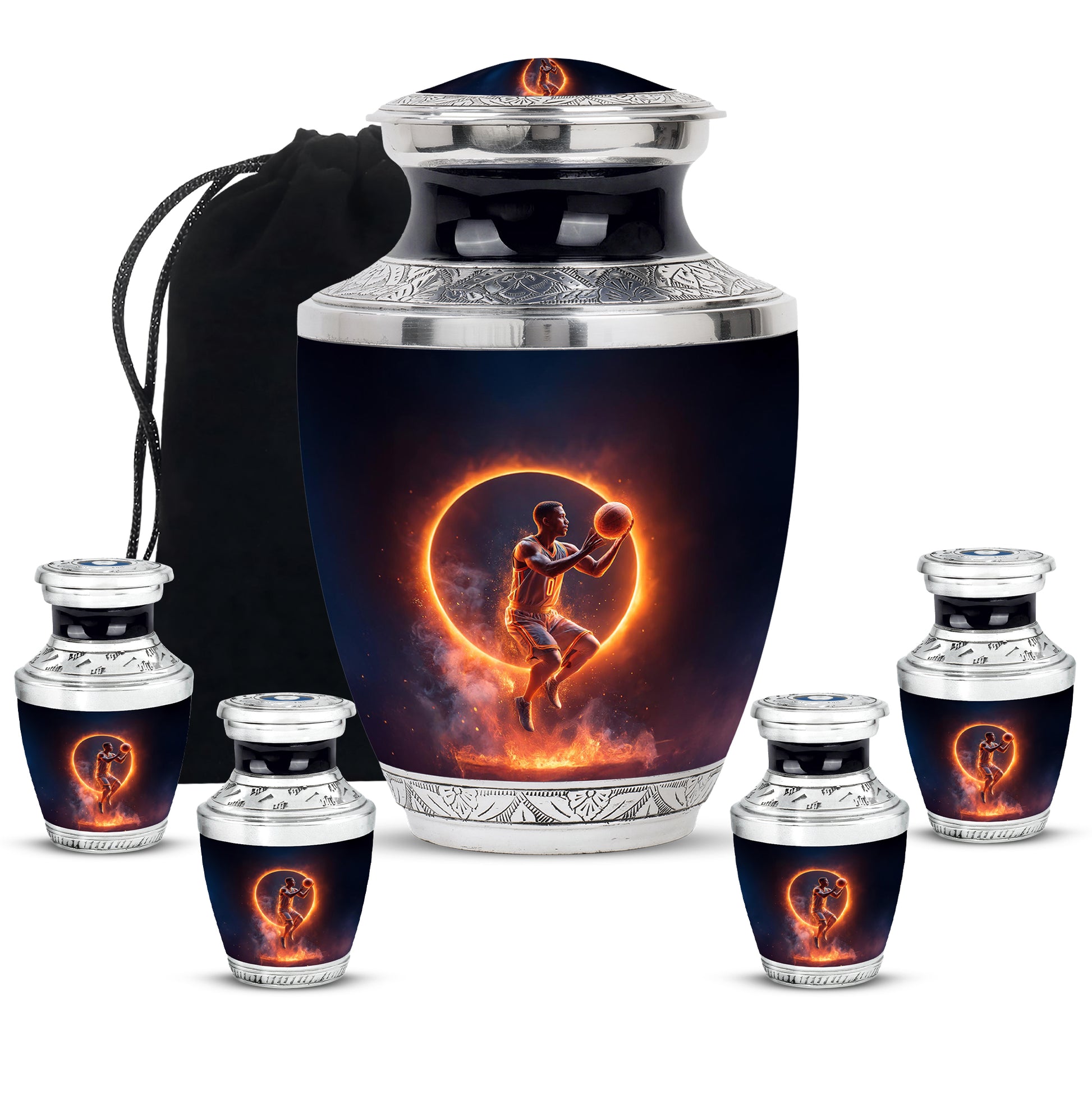 Jet Black Basketball Cremation Urn lifestyle display on memorial shelf - modern art-inspired basketball motif on sleek aluminum - memorial set with one large and four small urns