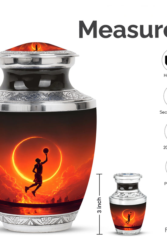 Onyx Black Basketball Cremation Urn top-down view of secure threaded lid - stylized abstract basketball pattern with bold lines - mini keepsake memorial for portion of cremation ashes