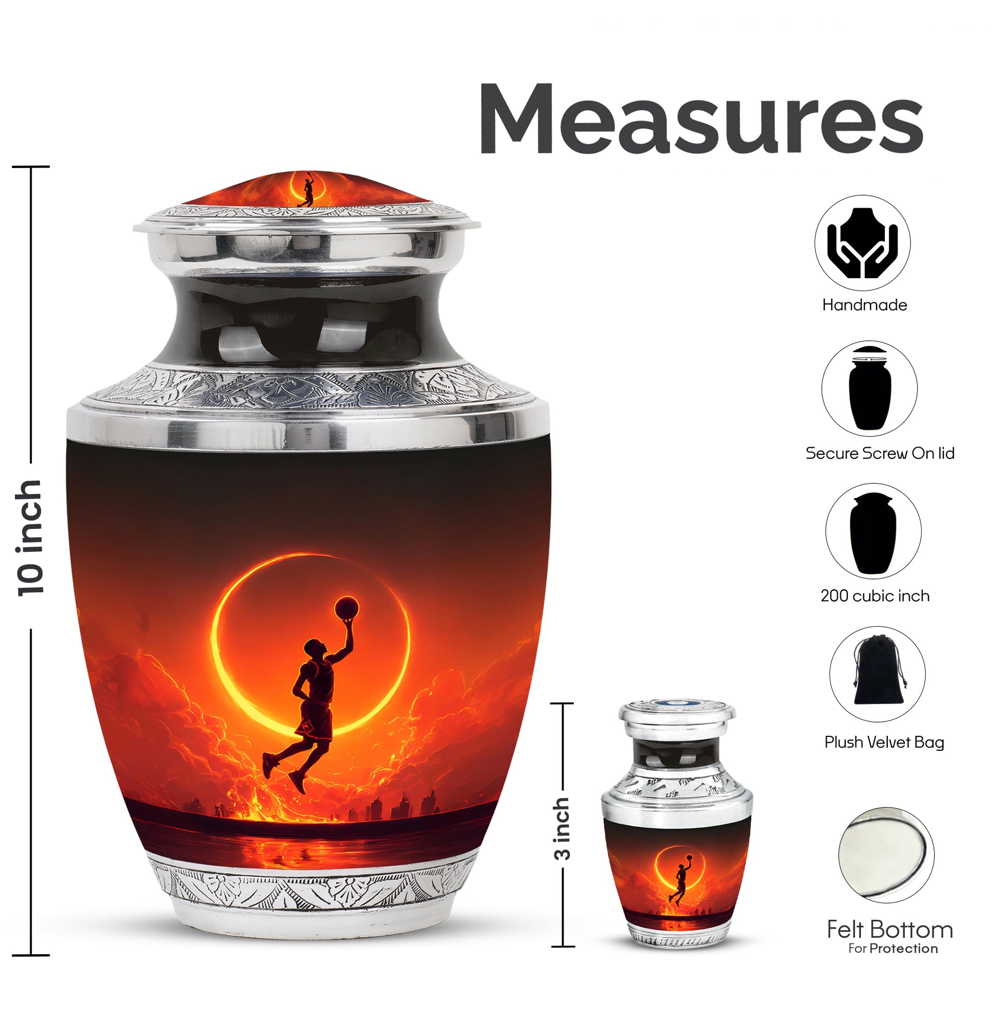 Onyx Black Basketball Cremation Urn top-down view of secure threaded lid - stylized abstract basketball pattern with bold lines - mini keepsake memorial for portion of cremation ashes
