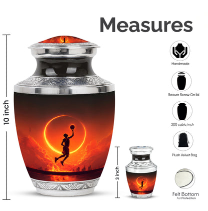 Onyx Black Basketball Cremation Urn top-down view of secure threaded lid - stylized abstract basketball pattern with bold lines - mini keepsake memorial for portion of cremation ashes