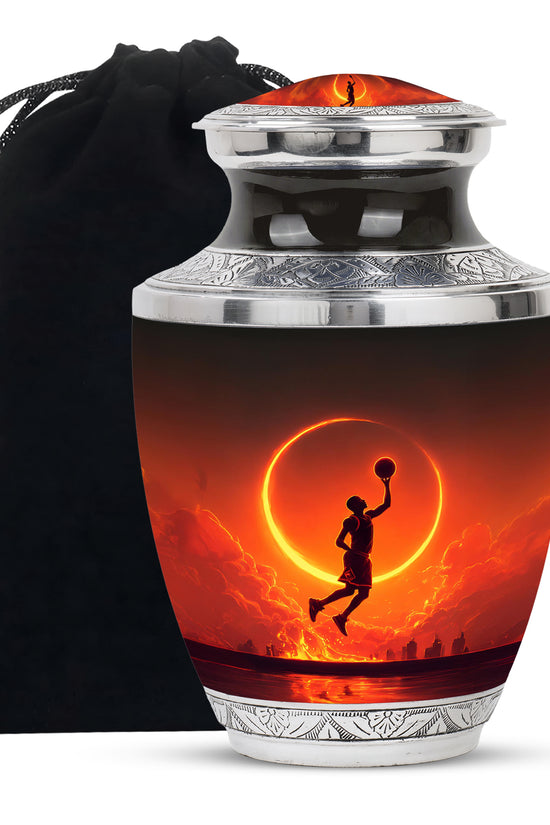 Dark Black Basketball Cremation Urn side profile showing urn shape - stylized abstract basketball pattern with bold lines - full-size 10 inch 200 cubic inch adult cremation urn