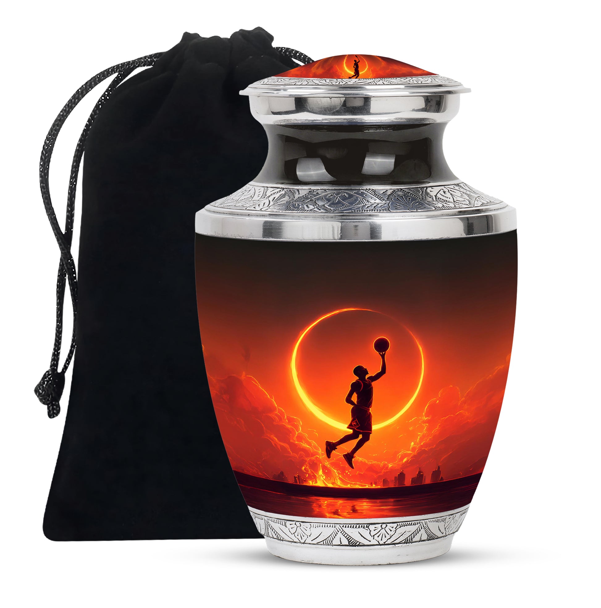 Dark Black Basketball Cremation Urn side profile showing urn shape - stylized abstract basketball pattern with bold lines - full-size 10 inch 200 cubic inch adult cremation urn