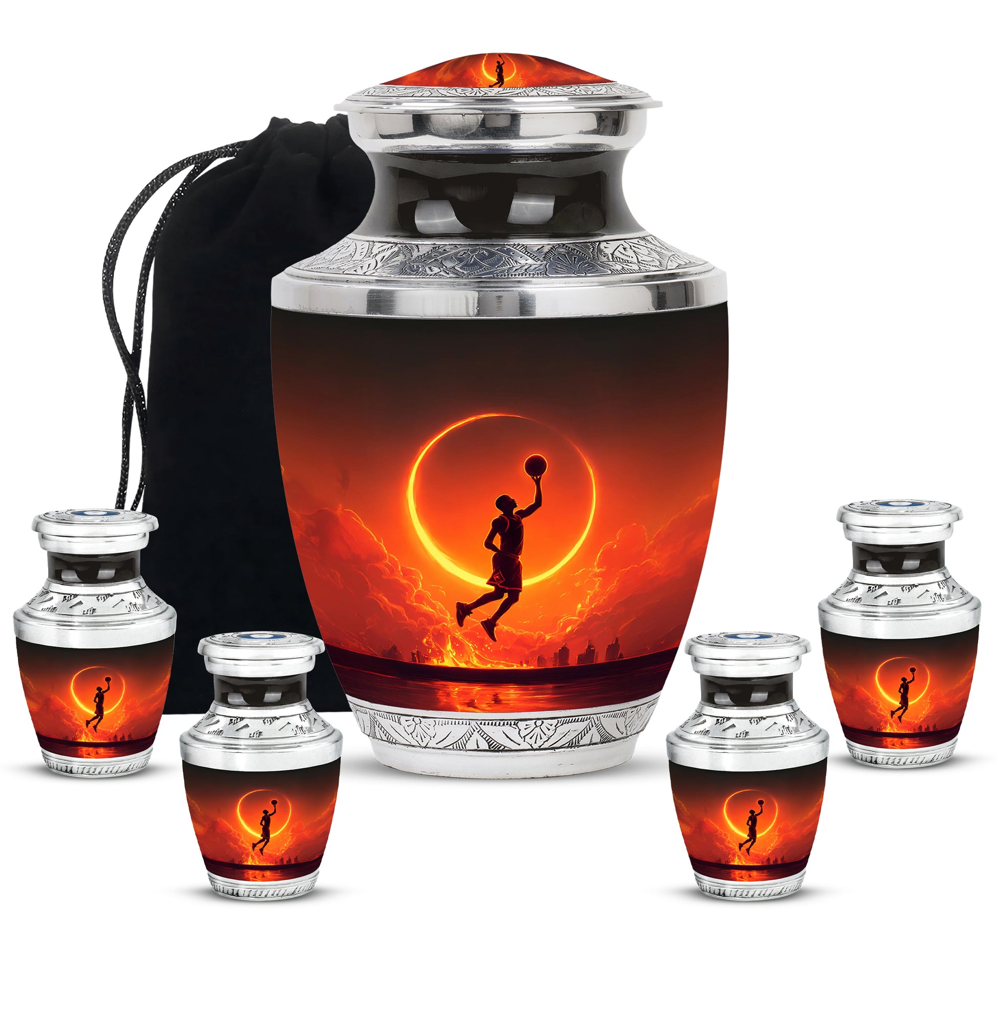 Jet Black Basketball Cremation Urn lifestyle display on memorial shelf - modern art-inspired basketball motif on sleek aluminum - memorial set with one large and four small urns