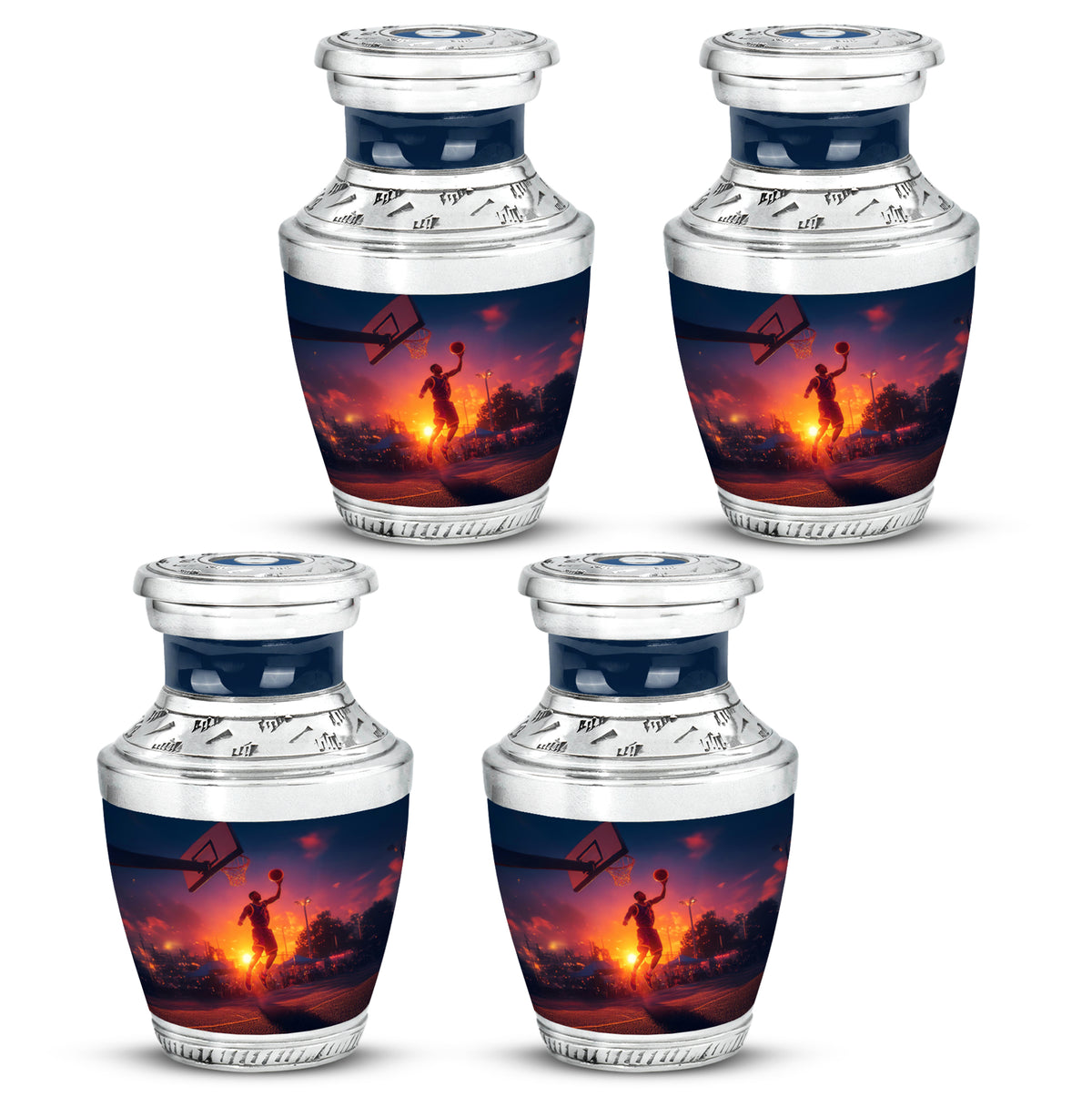 Bright Blue Basketball Cremation Urn back view with polished surface - stylized abstract basketball pattern with bold lines - 10 inch aluminum urn for cremated remains