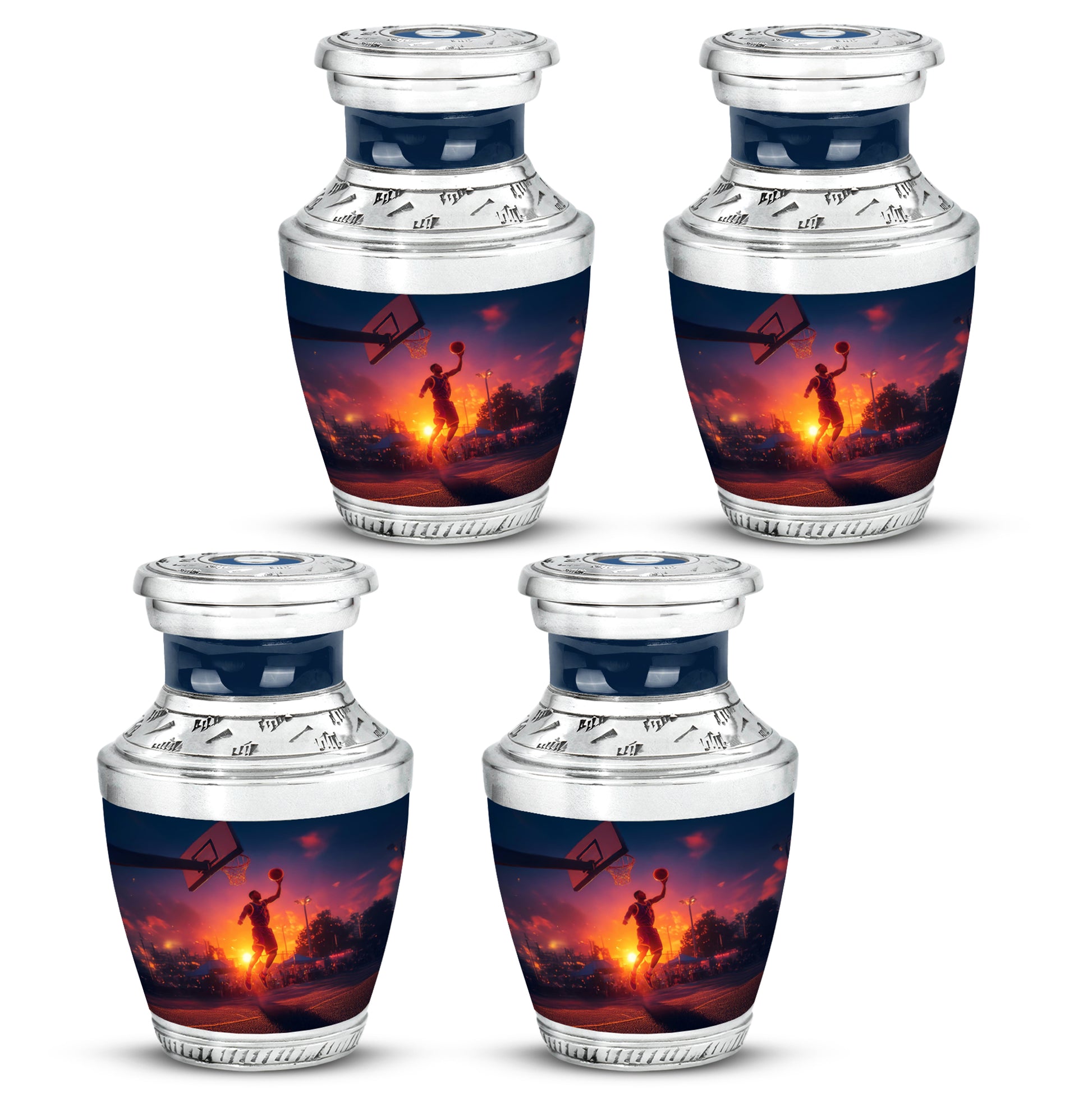 Bright Blue Basketball Cremation Urn back view with polished surface - stylized abstract basketball pattern with bold lines - 10 inch aluminum urn for cremated remains