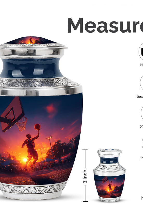 Vivid Blue Basketball Cremation Urn top-down view of secure threaded lid - stylized abstract basketball pattern with bold lines - mini keepsake memorial for portion of cremation ashes