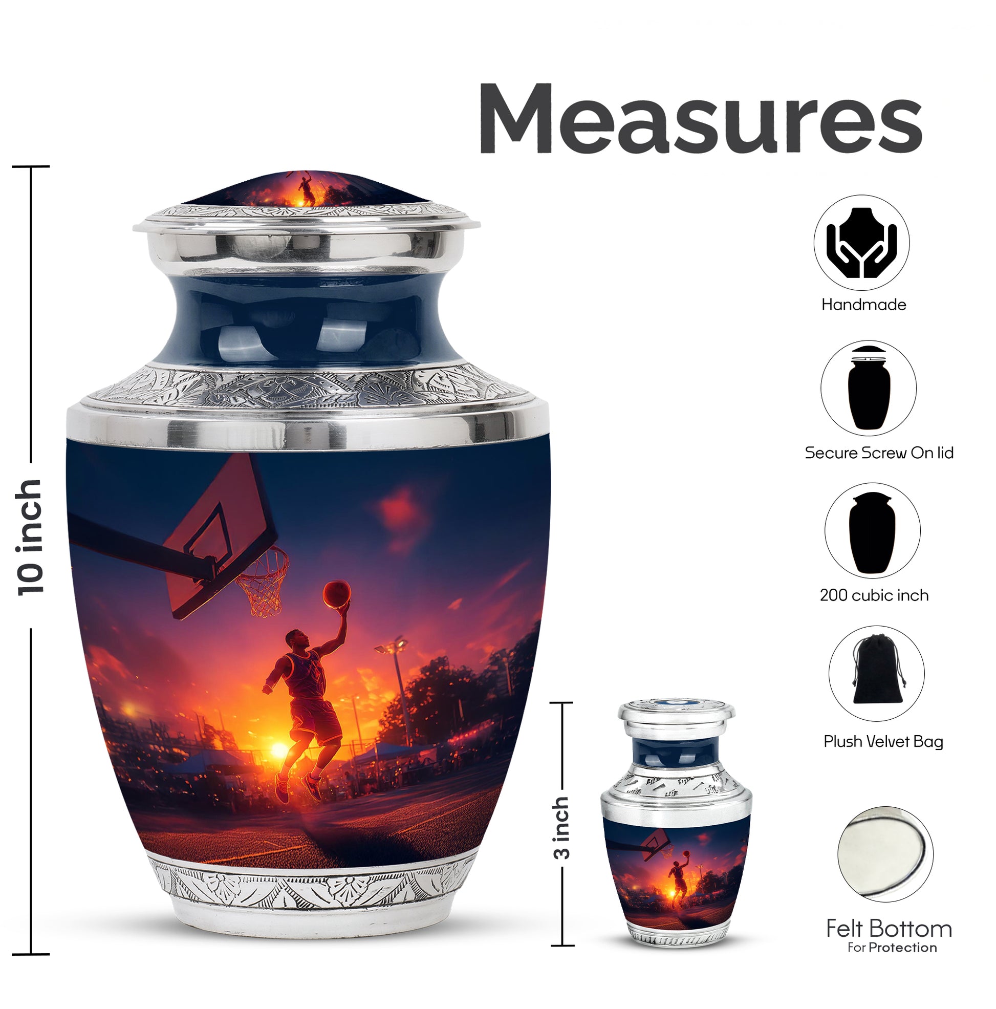 Vivid Blue Basketball Cremation Urn top-down view of secure threaded lid - stylized abstract basketball pattern with bold lines - mini keepsake memorial for portion of cremation ashes