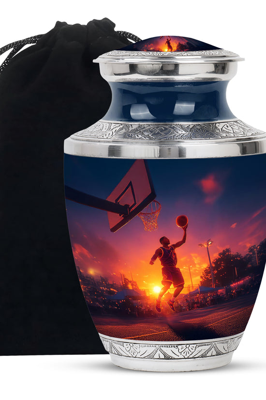 Calming Blue Basketball Cremation Urn side profile showing urn shape - stylized abstract basketball pattern with bold lines - full-size 10 inch 200 cubic inch adult cremation urn