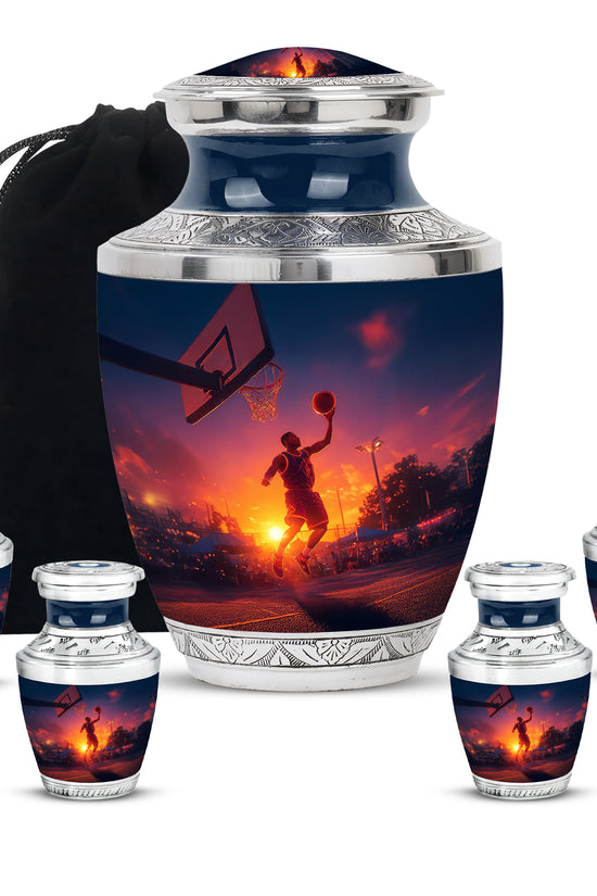 Misty Blue Basketball Cremation Urn lifestyle display on memorial shelf - modern art-inspired basketball motif on sleek aluminum - memorial set with one large and four small urns
