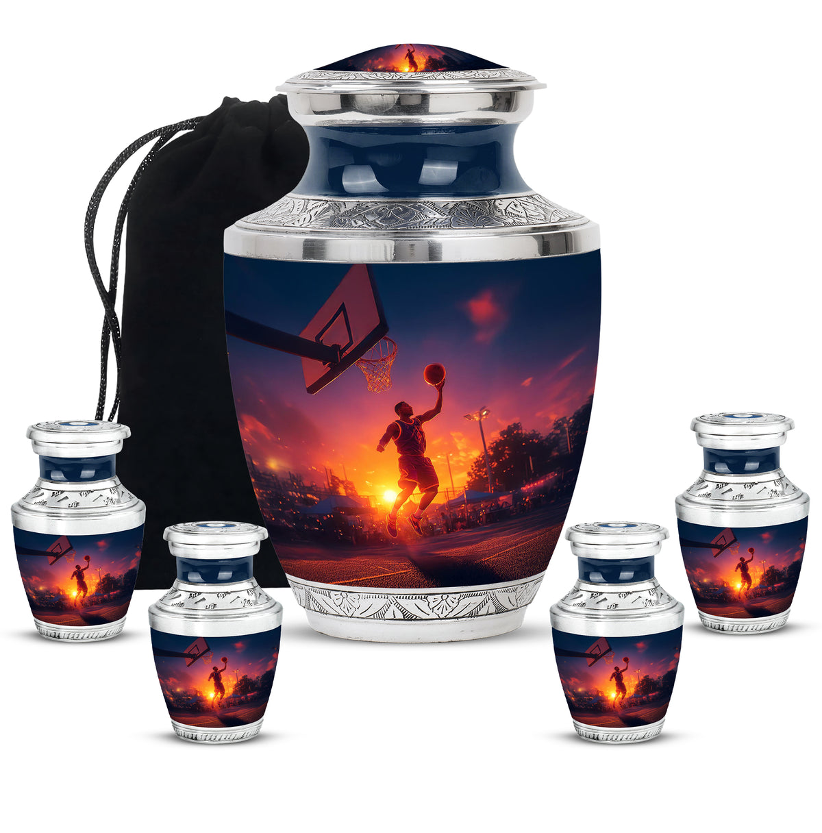 Misty Blue Basketball Cremation Urn lifestyle display on memorial shelf - modern art-inspired basketball motif on sleek aluminum - memorial set with one large and four small urns