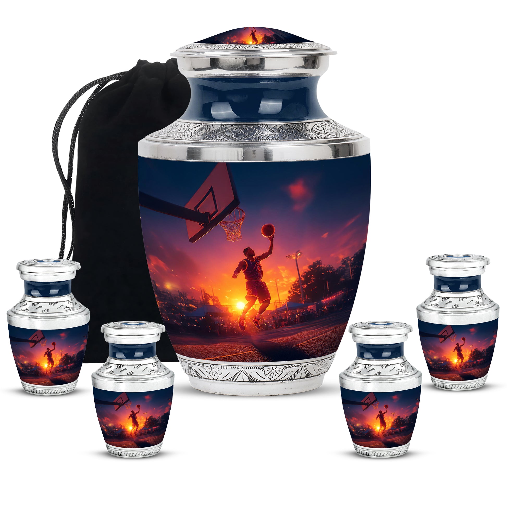 Misty Blue Basketball Cremation Urn lifestyle display on memorial shelf - modern art-inspired basketball motif on sleek aluminum - memorial set with one large and four small urns