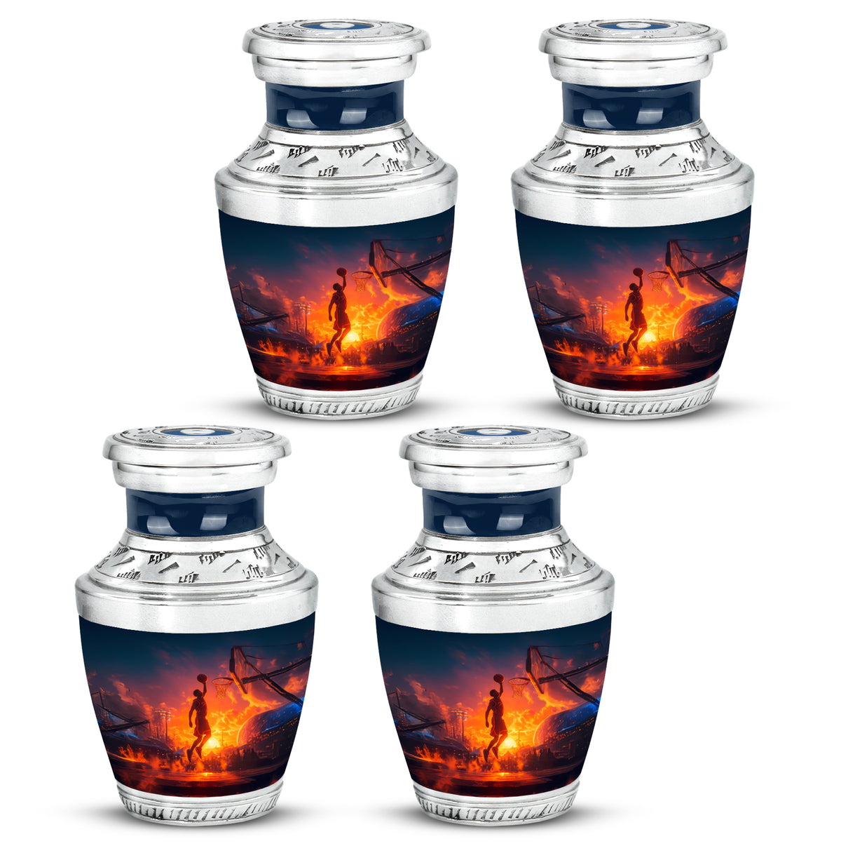 Calming Blue Basketball Cremation Urn back view with polished surface - artistic basketball interpretation with creative detail - 10 inch aluminum urn for cremated remains