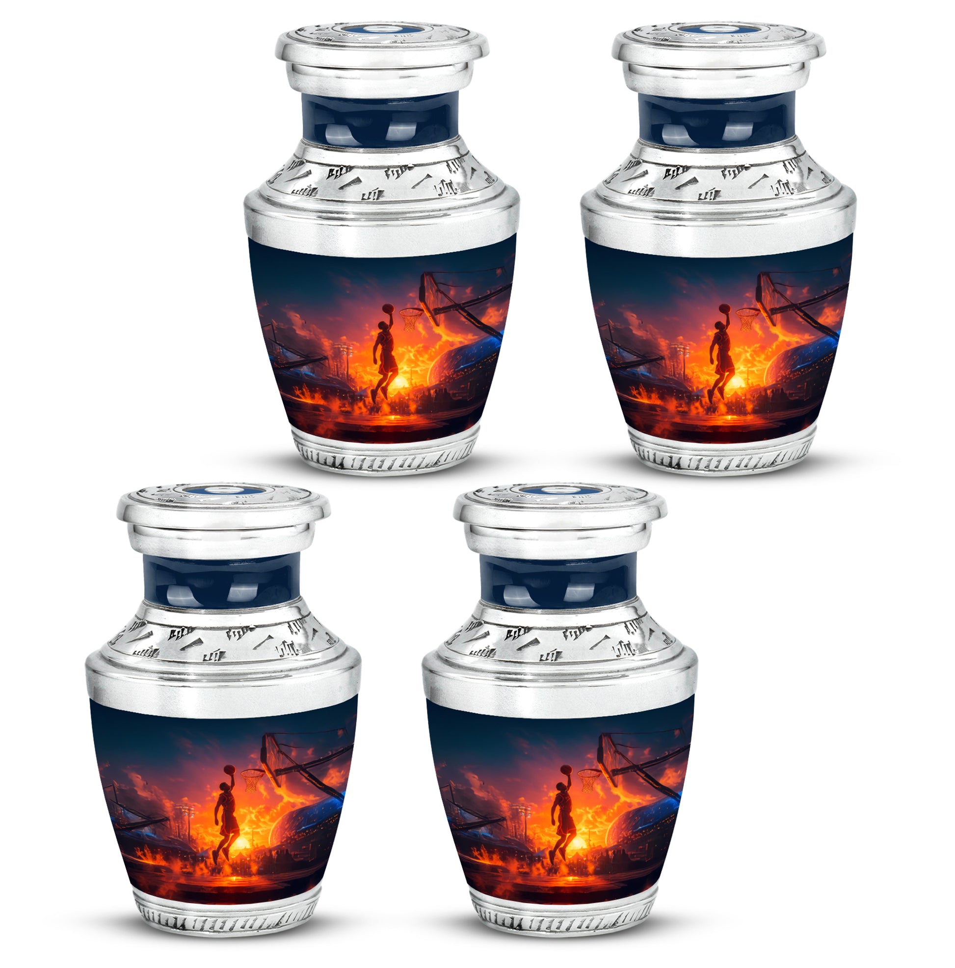 Calming Blue Basketball Cremation Urn back view with polished surface - artistic basketball interpretation with creative detail - 10 inch aluminum urn for cremated remains