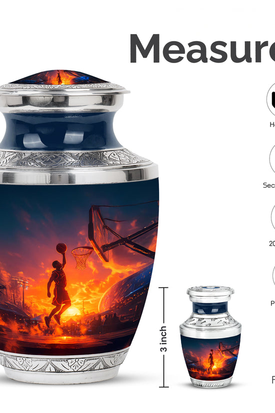 Twilight Blue Basketball Cremation Urn top-down view of secure threaded lid - artistic basketball interpretation with creative detail - mini keepsake memorial for portion of cremation ashes
