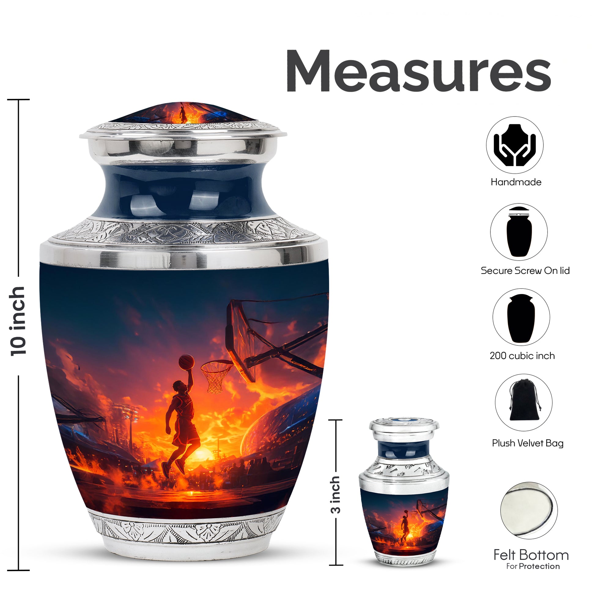 Twilight Blue Basketball Cremation Urn top-down view of secure threaded lid - artistic basketball interpretation with creative detail - mini keepsake memorial for portion of cremation ashes