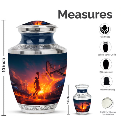 Twilight Blue Basketball Cremation Urn top-down view of secure threaded lid - artistic basketball interpretation with creative detail - mini keepsake memorial for portion of cremation ashes