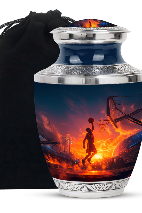 Bright Blue Basketball Cremation Urn side profile showing urn shape - artistic basketball interpretation with creative detail - full-size 10 inch 200 cubic inch adult cremation urn