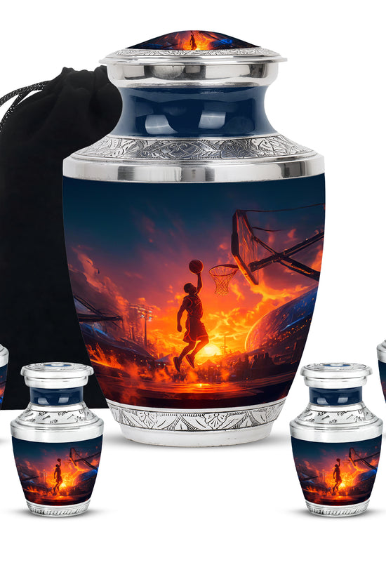 Serene Blue Basketball Cremation Urn lifestyle display on memorial shelf - artistic basketball interpretation with creative detail - memorial set with one large and four small urns
