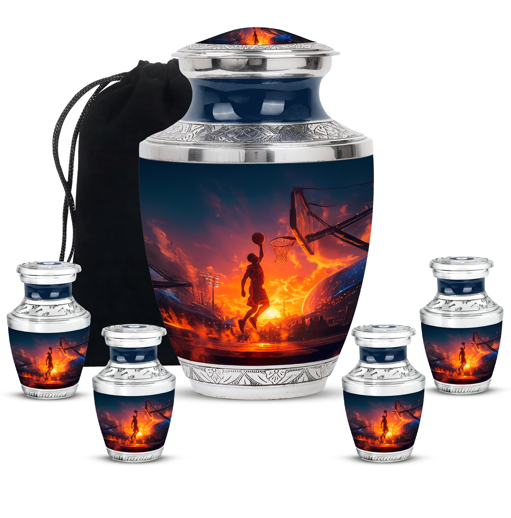 Serene Blue Basketball Cremation Urn lifestyle display on memorial shelf - artistic basketball interpretation with creative detail - memorial set with one large and four small urns