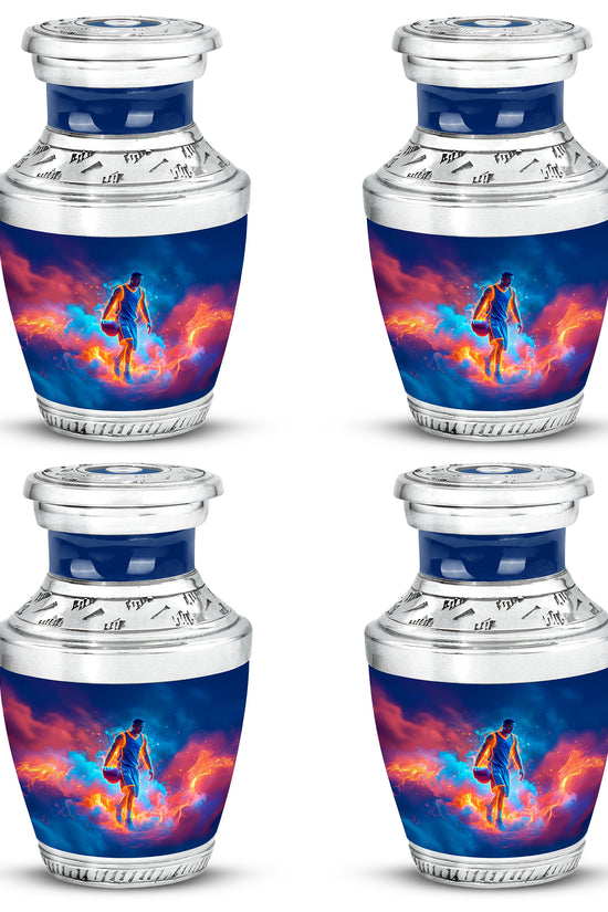 Sky Blue Basketball Cremation Urn back view with polished surface - modern art-inspired basketball motif on sleek aluminum - 10 inch aluminum urn for cremated remains