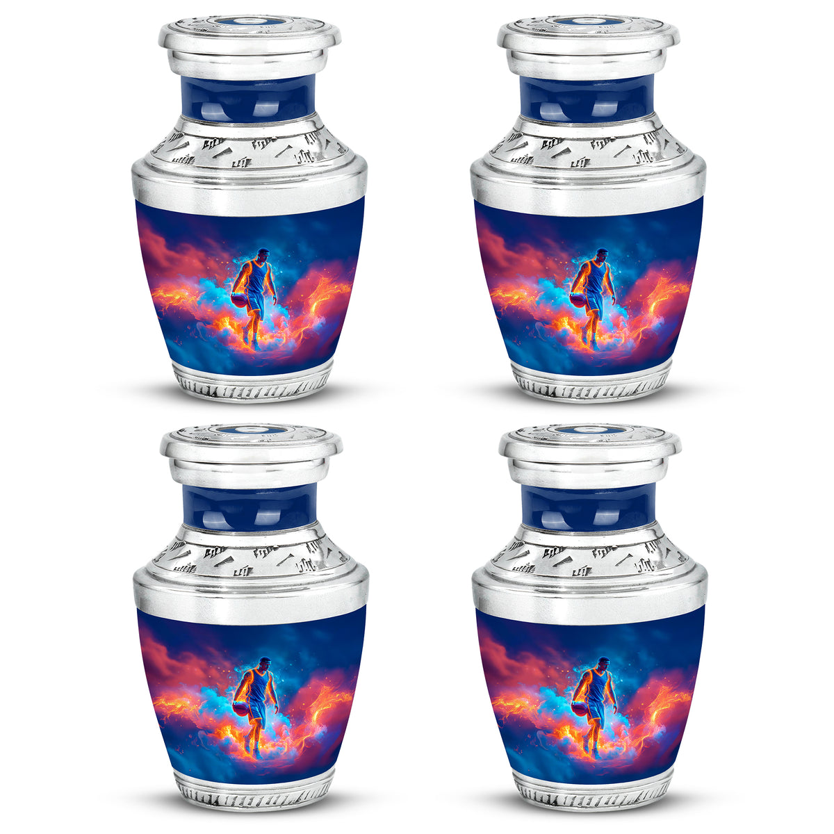 Sky Blue Basketball Cremation Urn back view with polished surface - modern art-inspired basketball motif on sleek aluminum - 10 inch aluminum urn for cremated remains