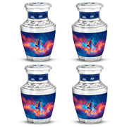 Sky Blue Basketball Cremation Urn back view with polished surface - modern art-inspired basketball motif on sleek aluminum - 10 inch aluminum urn for cremated remains