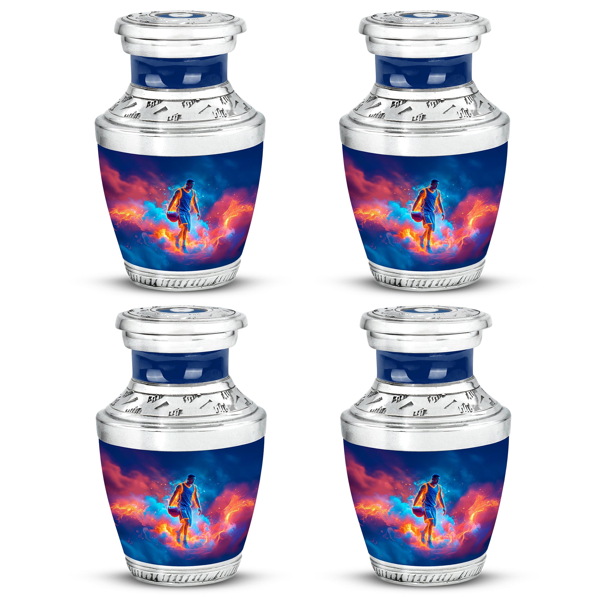 Sky Blue Basketball Cremation Urn back view with polished surface - modern art-inspired basketball motif on sleek aluminum - 10 inch aluminum urn for cremated remains